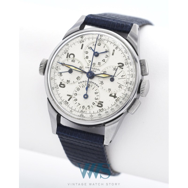 UNIVERSAL GENEVE (Chronographe Aéro-Compax / Acier - Corne stylisée / ref. 22286), vers 1944