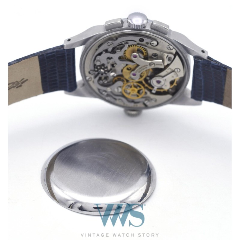 UNIVERSAL GENEVE (Chronographe Aéro-Compax / Acier - Corne stylisée / ref. 22286), vers 1944