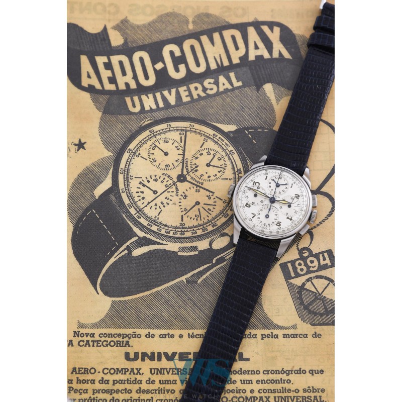 UNIVERSAL GENEVE (Chronographe Aéro-Compax / Acier - Corne stylisée / ref. 22286), vers 1944