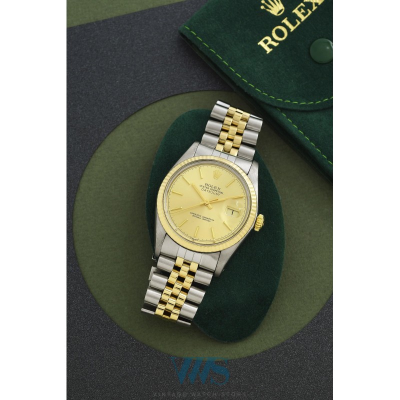 ROLEX (OYSTER PERPETUAL DATEJUST 36 / HOMME CHAMPAGNE OR & ACIER / ref. 16013F), vers 1978