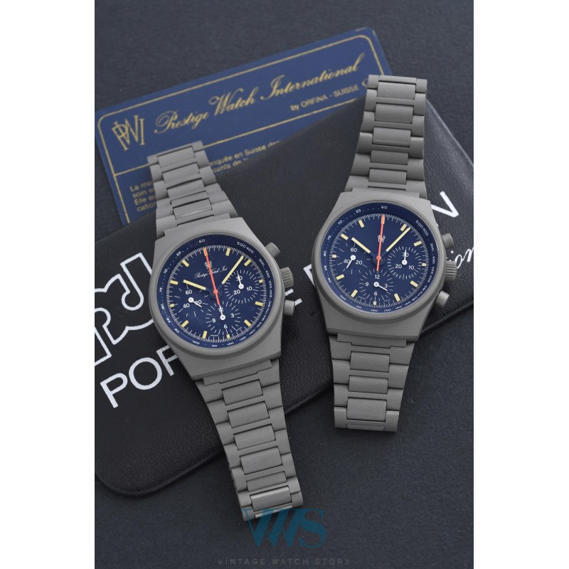 PRESTIGE WATCH INTERNATIONAL (Chronographe By Orfina Suisse, Gris "Logo only" - Cadran bleu / réf. 7183D), vers 1980